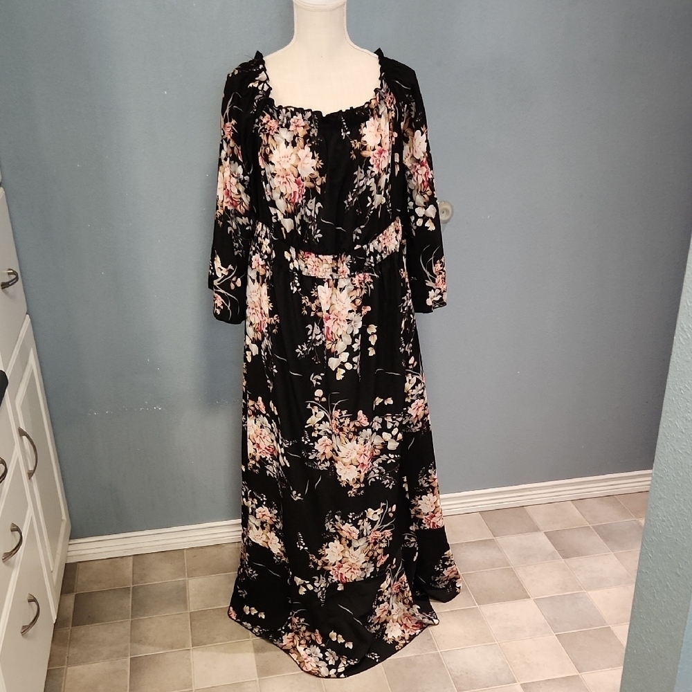 Shein Curve MoodyFloral Maxi Length Bell Sleeves Ruffled Ruched Neck Waist Dress